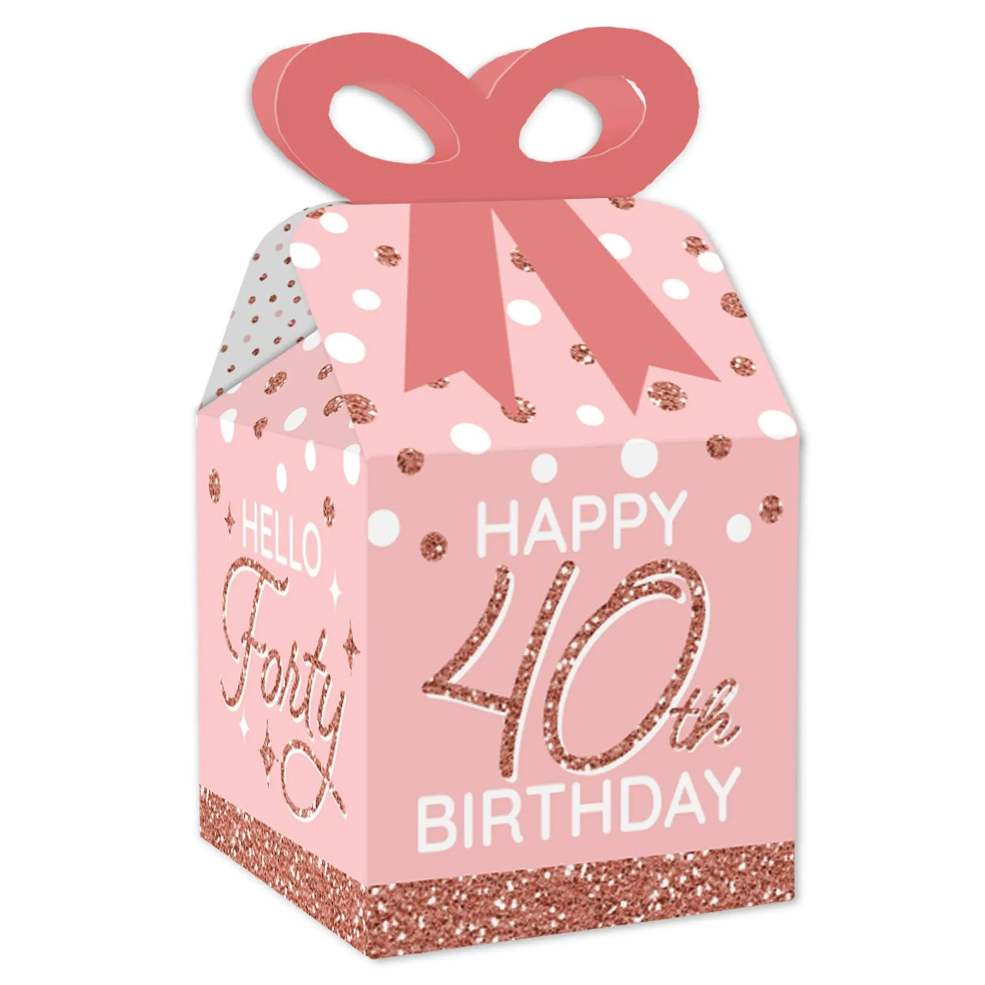 40th Pink Rose Gold Birthday - Square Favor Gift Boxes - Happy Birthday Party Bow Boxes - Set of 12