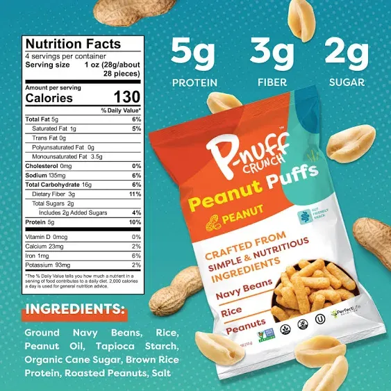 Pnuff Crunch Peanut Butter Puffs - Healthy Snacks, Low Calorie Snacks, Gluten Free Snacks, Vegan, High Protein, Keto, Office Snacks - Variety Pack, 4 Oz Bag (Pack of 6)