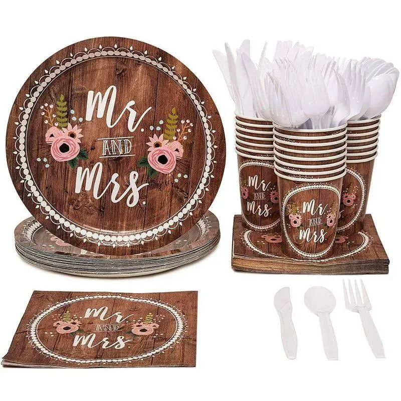 Serves 24 Rustic Wedding Party Supplies Decorations, Mr and Mrs Paper Plates ...