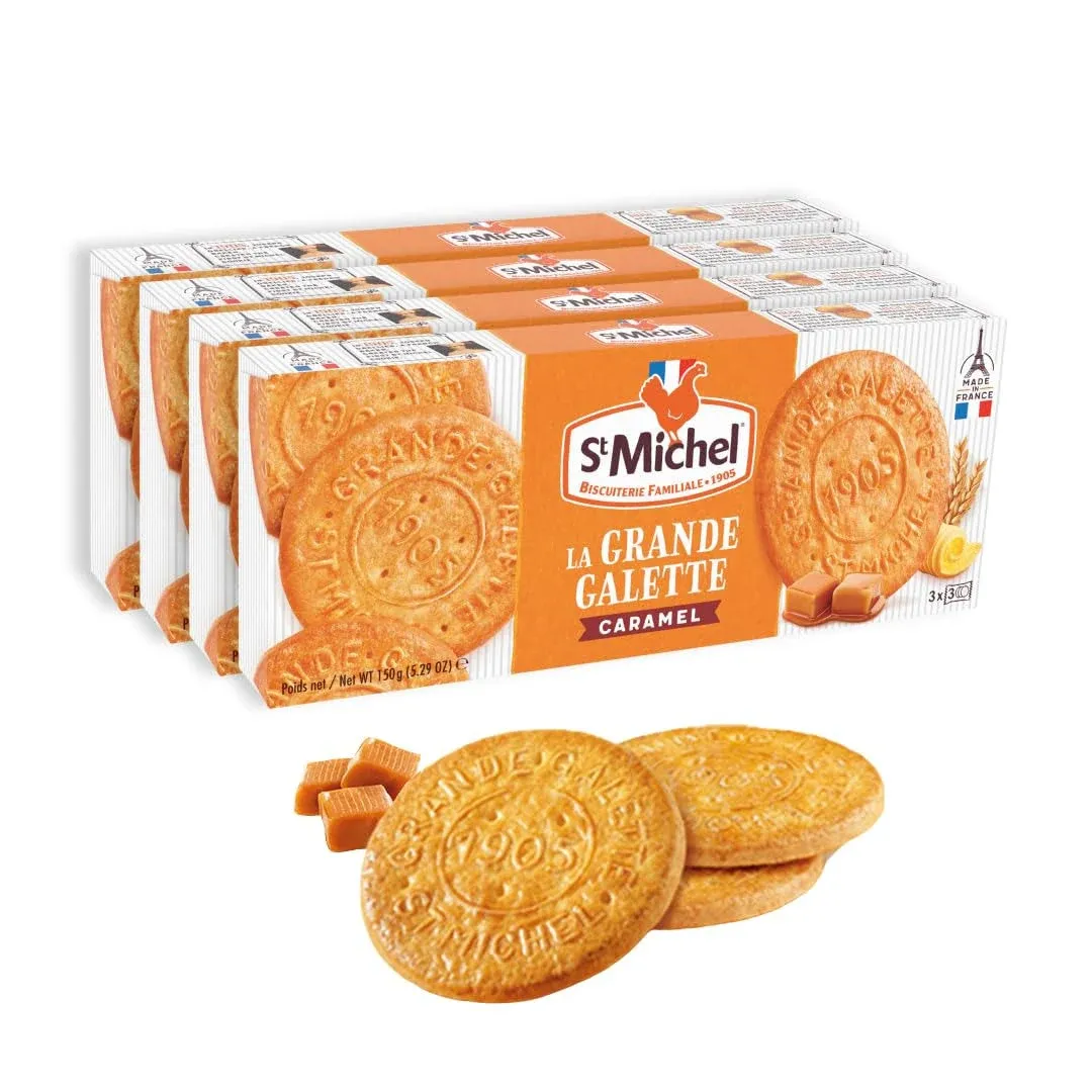 St Michel Caramel Grandes Galettes Butter Cookies Biscuits 5.29oz, Made in France, Pack of 4 Non-GMO Total of 36 Butter Cookies