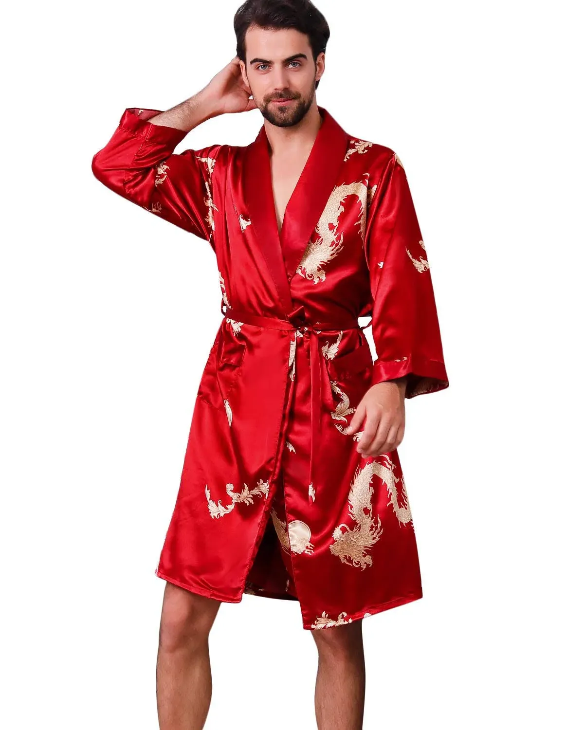 Haseil Men's Satin Robe Dragon Luxurious Silk Spa Long Sleeve House Kimono Bathrobe