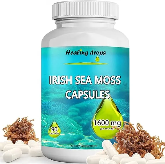 Healing Drops Sea Moss Capsules – Irish Sea Moss 1600mg – Keto Alkaline Non-GMO Diet - Raw Organic Wildcrafted Sun-Dried Seamoss Gel Powder - Thyroid