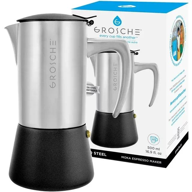 GROSCHE Milano Steel | 10 Espresso Cup | Stovetop Espresso Maker: Stainless Steel Moka Pot for Greca, Induction, Electric & Gas Stoves | Dishwasher Safe Stovetop Espresso Maker Moka Pot