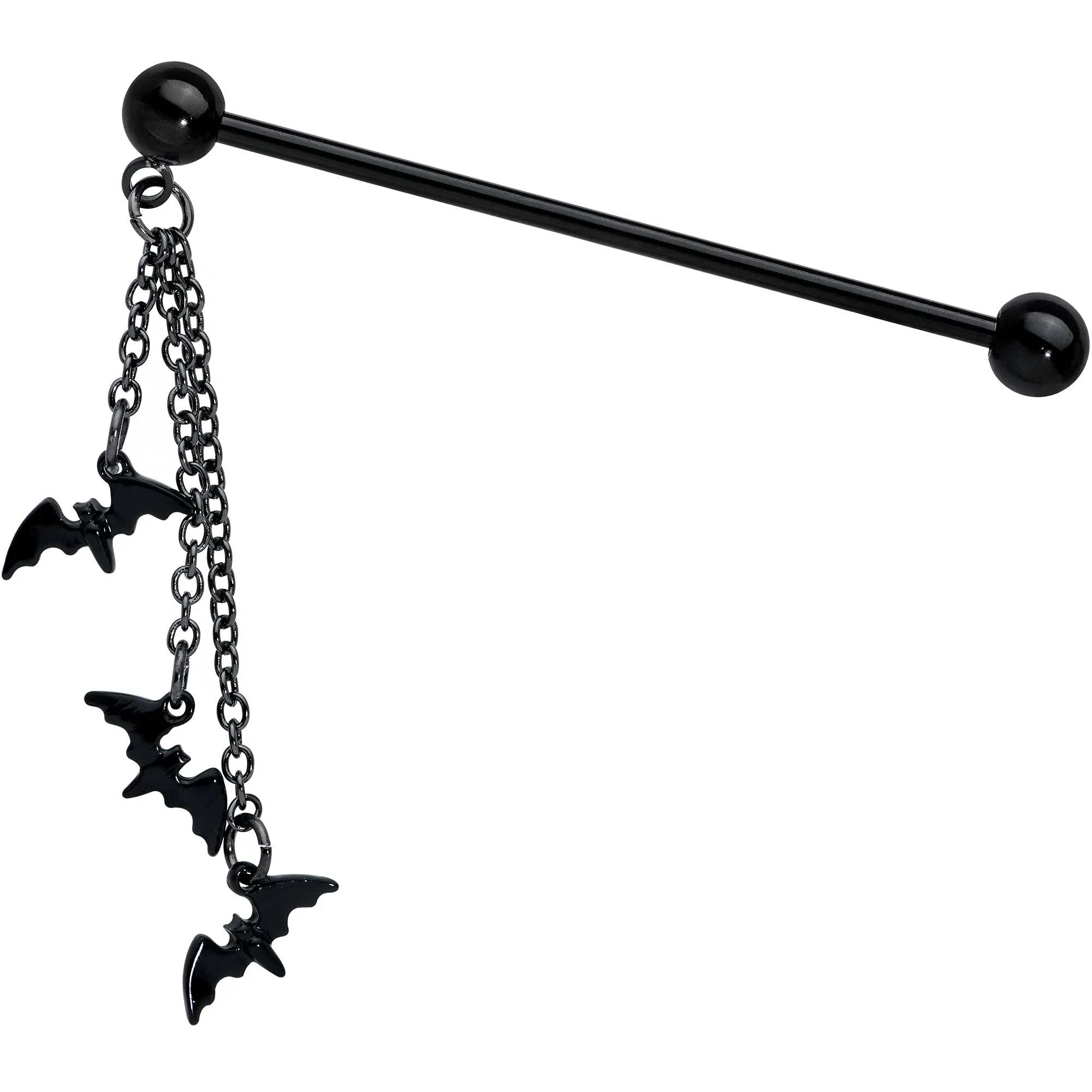 Body Candy Womens 14G Black PVD Steel Helix Cartilage Earring Bats Chain Dangle Industrial Barbell 1 1/2"