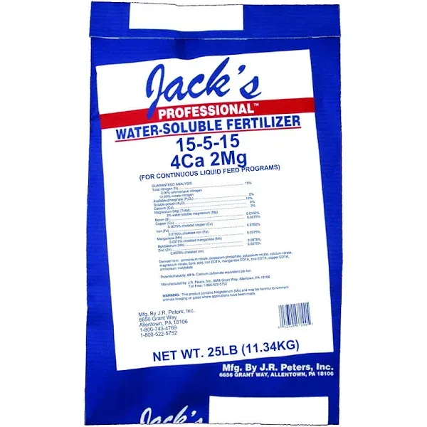 Jack's Professional 15-5-15 CA-MG LX Comprehensive Water-Soluble Fertilizer for Growth in Short, Stocky Plants Grown in Continuous Liquid Feed Programs, 25lbs