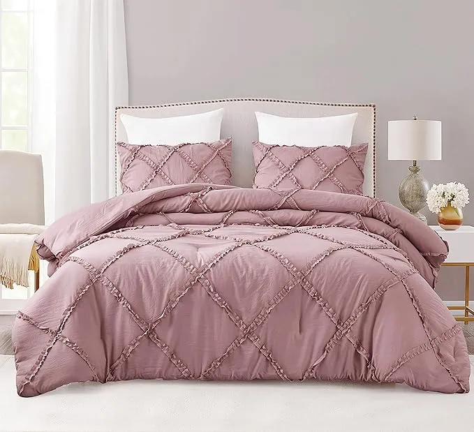 Chezmoi Collection Vivian 3-Piece Diamond Ruffle Quilted Trim Soft Washed Microfiber Comforter Set (Queen, Woodrose)