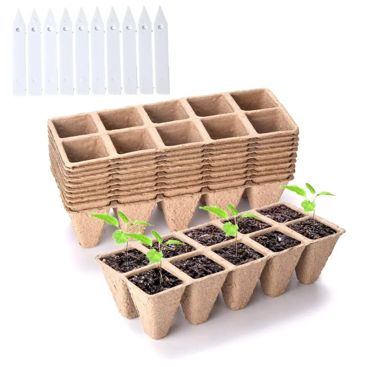 200 Cells Seed Starter Peat Pots, Biodegradable Sprouting Seedling Trays, for Indoor and Outdoor Plants, Includes 20 Plastic Plant Labels (20 Pack)