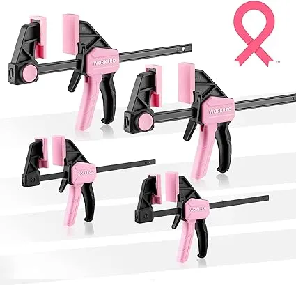 WORKPRO Mini Bar Clamps for Woodworking, 6"(2) and 4-1/2"(2), 4-Piece One-Handed Clamp/Spreader, Light-Duty Quick-Change F Clamp with 150lbs Load Limit - Pink Ribbon