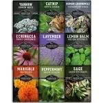 Medicinal Tea - 9 Packs of Herb Seeds - Chamomile, Lavender, Echinacea, Catnip, Lemon Balm, Marigold, Sage, Peppermint, Yarrow - Full Sun