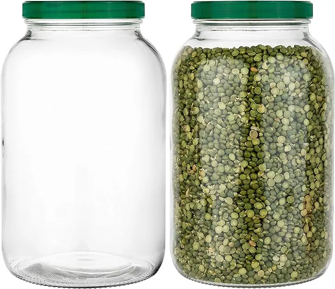 2 Pack - 1 Gallon Mason Jar - Glass Jar Wide Mouth with Plastic Lid with Red Slotted Pour Cap - Container for Storing Dry Foods, Spices, Pasta, Legumes and Pet Food