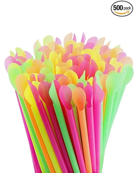 DEEBF 500 Pack Sno-Cone Spoon Straws, Mixed Neon Colors Disposable Plastic Straw, 8"