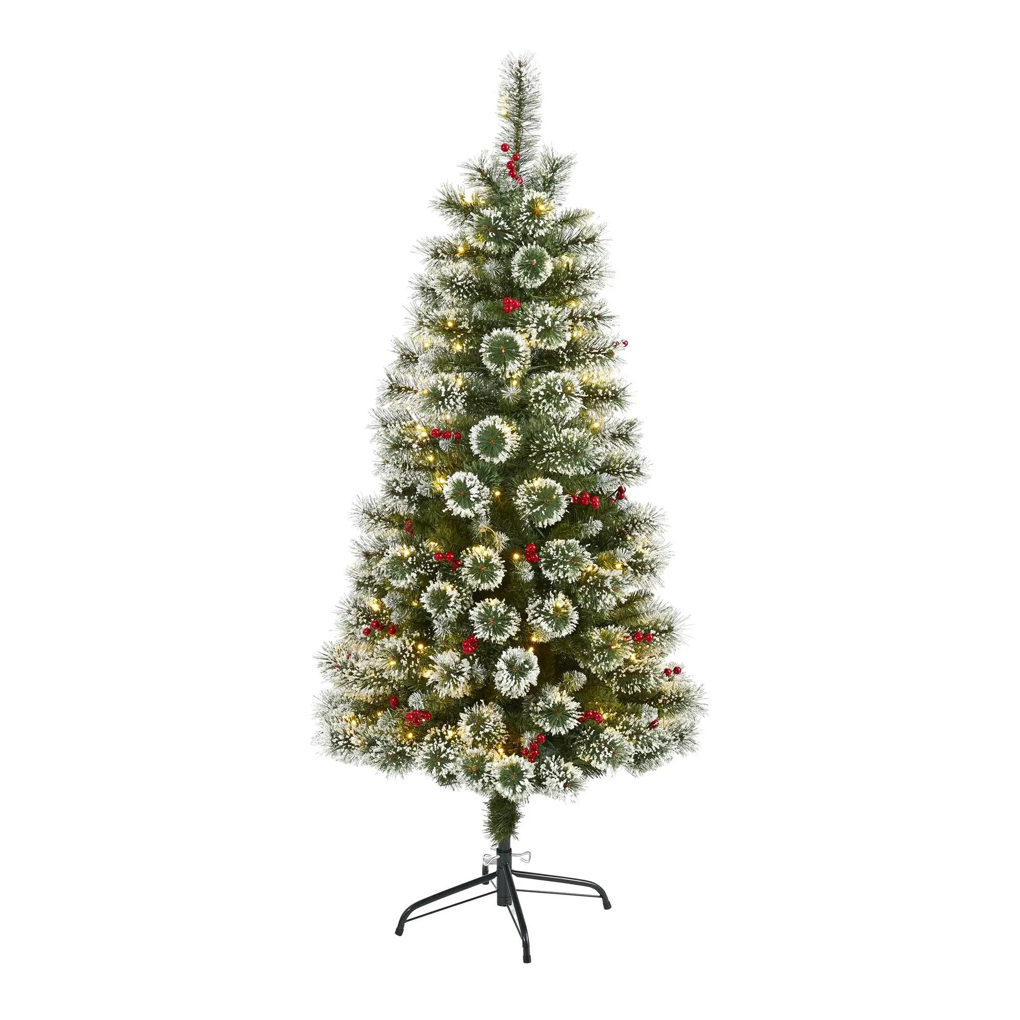 Nearly Natural Frosted Swiss Pine Artificial Christmas Tree Clear LED Lights & Berries