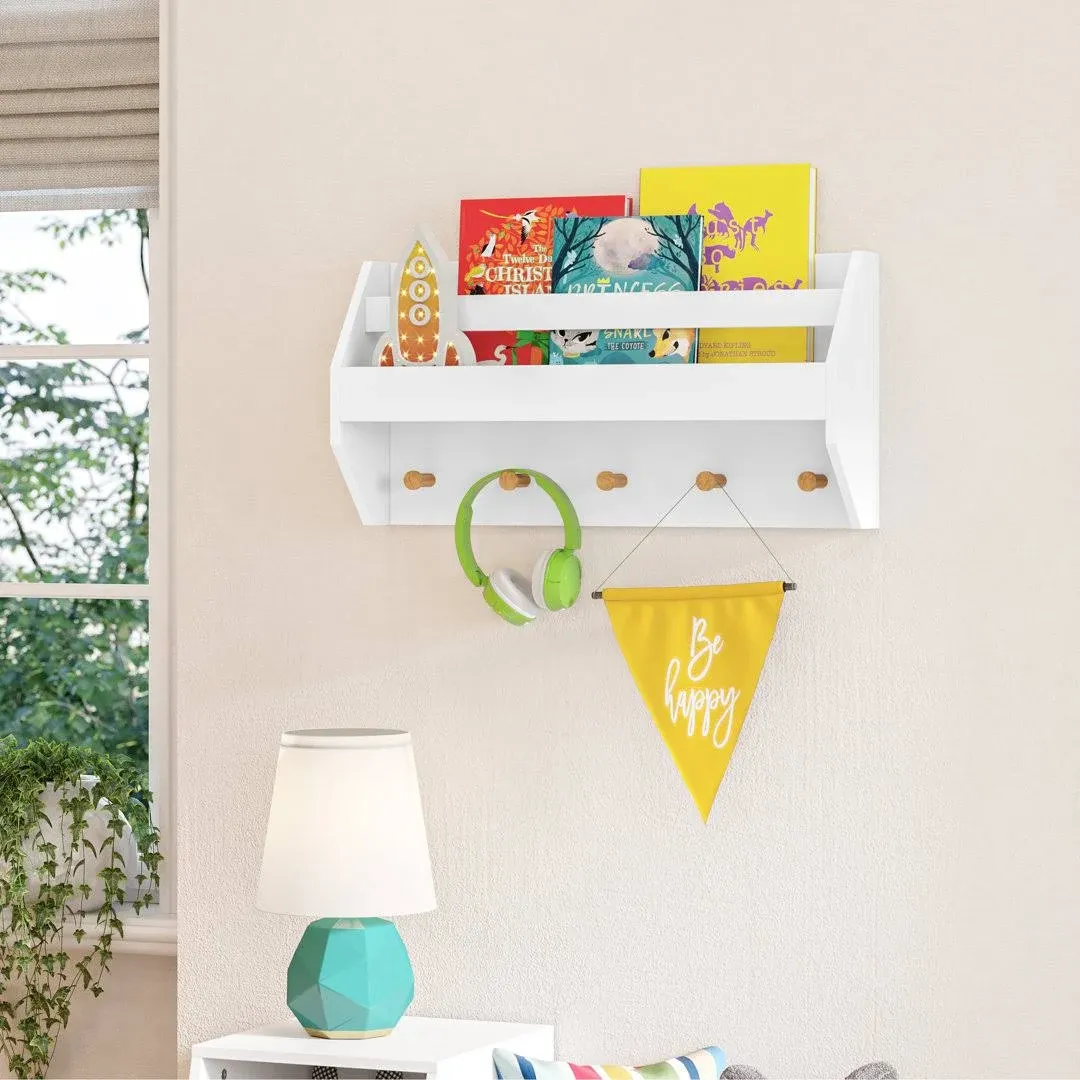 RiverRidge Kids Catch-All Wall Shelf with Bookrack and Hooks