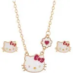 Hello Kitty Sanrio Girls Jewelry Set - Gold Plated 18+3 Necklace and Stud Earrings Officially Licensed