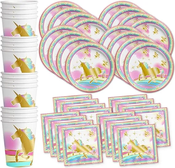 Birthday Galore Gold Rainbow Unicorn Pegasus Birthday Party Supplies Set Plates Napkins Cups Tableware Kit for 16