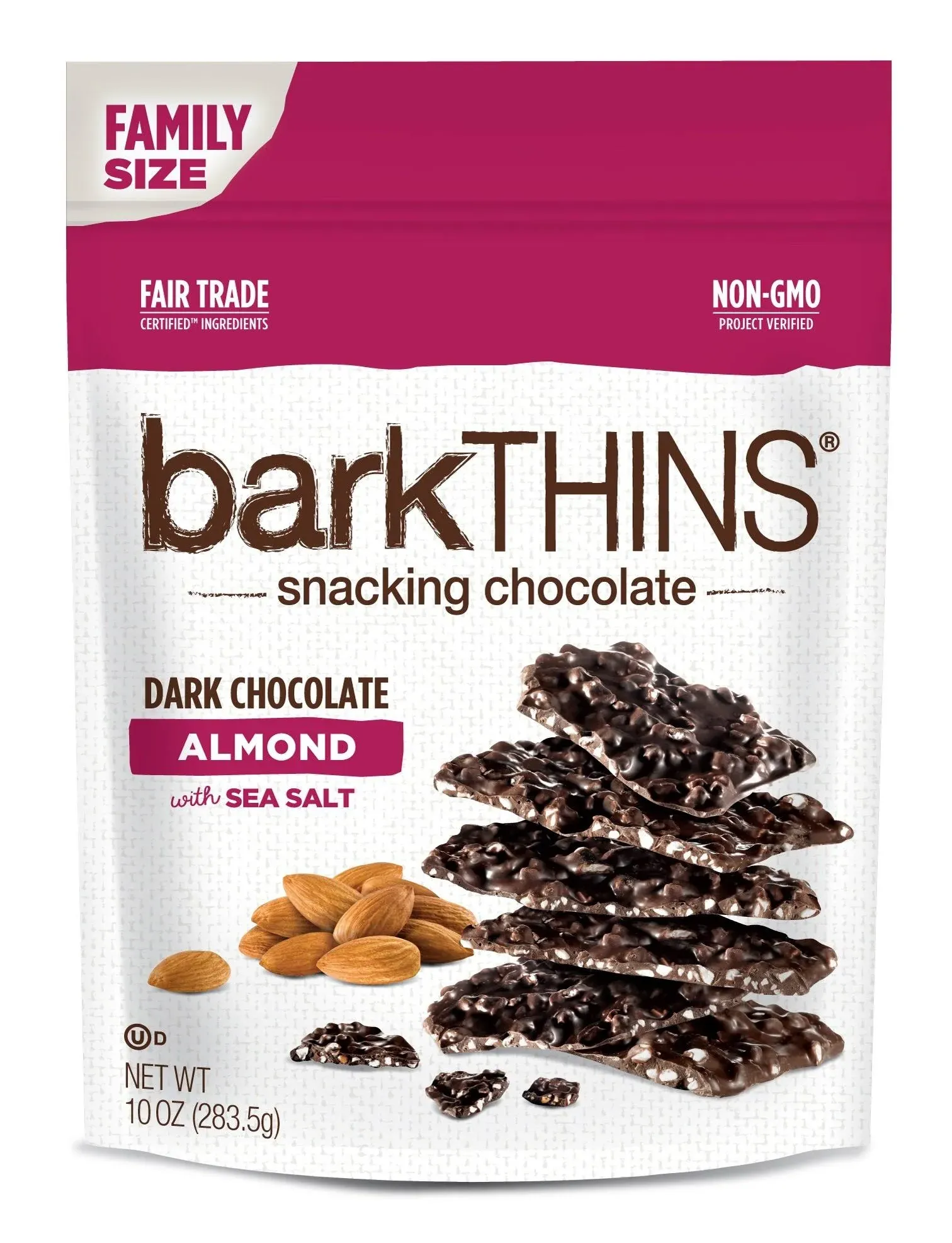 Barkthins Snacking Chocolate, Dark Chocolate Almond with Sea Salt, Family size, 10oz Bag, 2/CTN (Grr24600258)