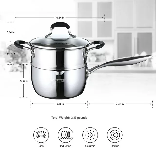 Slottet Tri-Ply Whole-Clad Stainless Steel Sauce Pan with Pour Spout Small Multipurpose Pasta Pot with Strainer Glass Lid