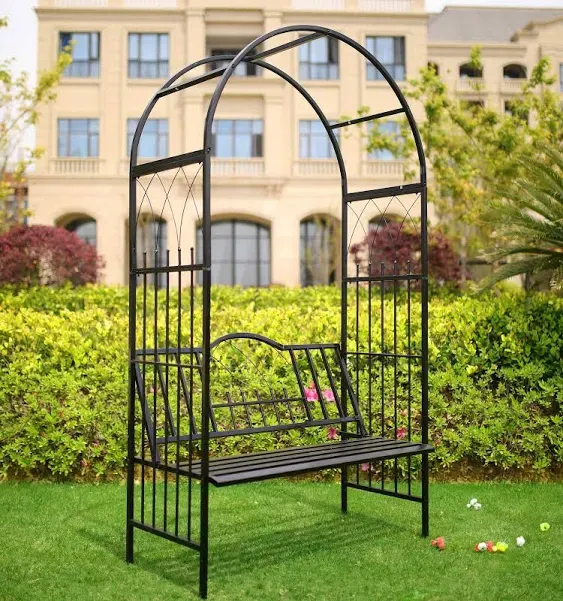 1. GO Steel Garden Arch with Seat for 2 People, 6'9" High x 3'9" Wide, Garden Arbor for Various Climbing Plant, Outdoor Garden Lawn Backyard