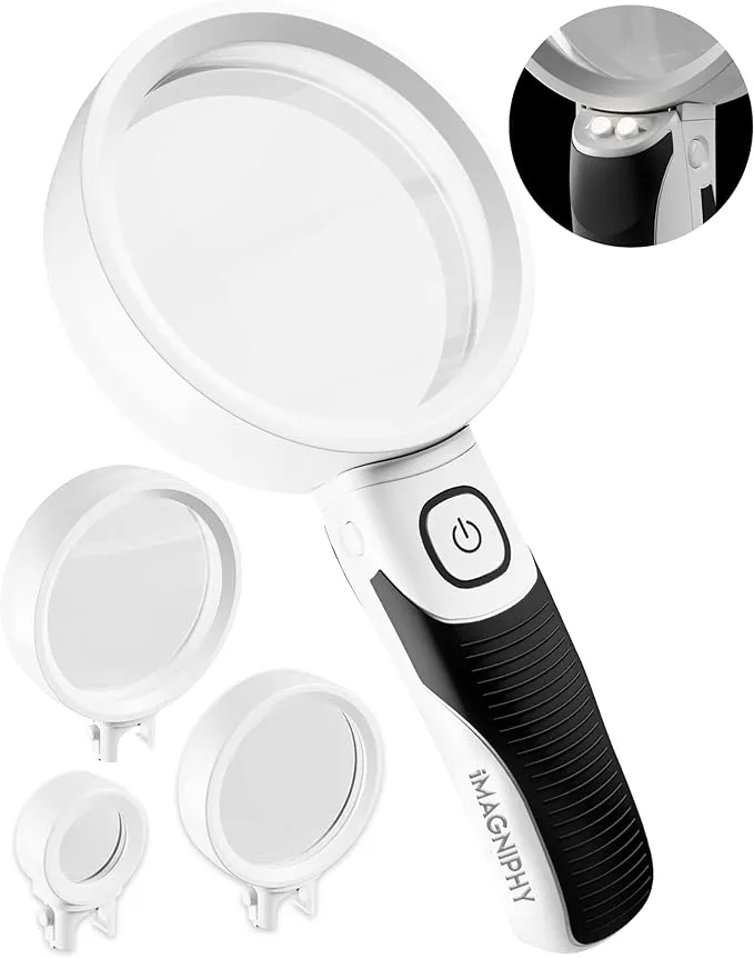 Lighted Magnifying Glass with Light and Interchangeable Lens - Ideal for Seniors with Macular Degeneration - Magnifying Glass for Reading - 2.5x, 5X