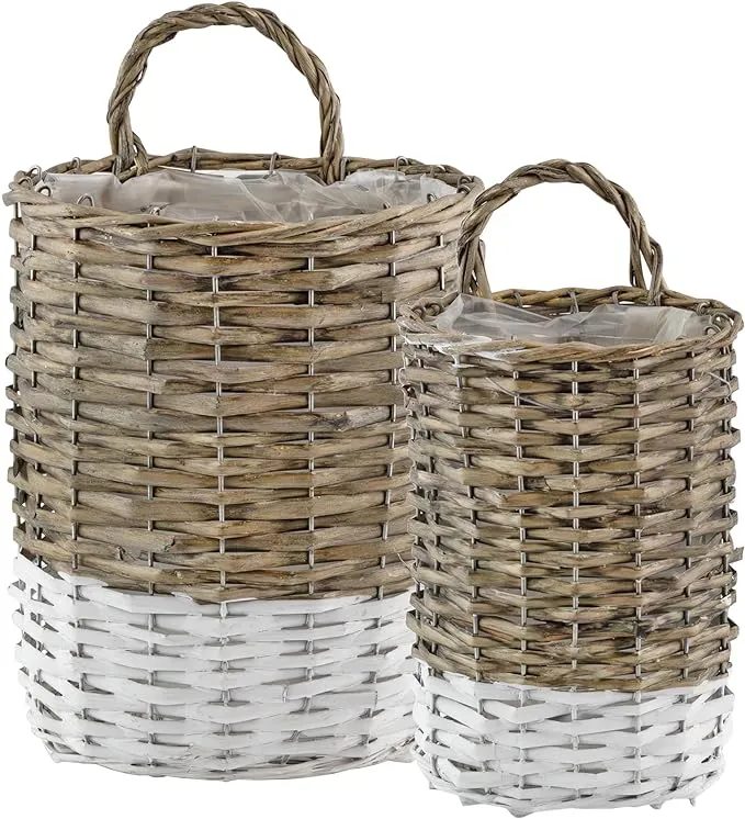 AuldHome Wall Hanging Baskets (Set of 2, Gray w/White); Woven Wicker Rustic ...