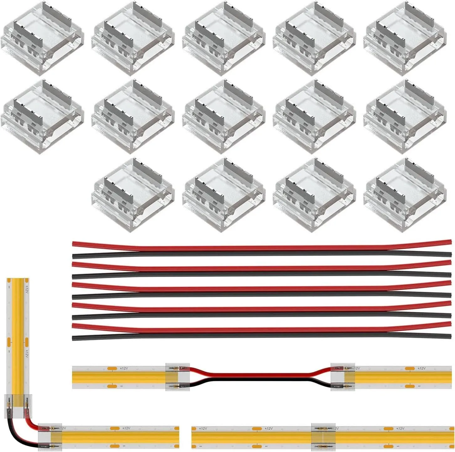 BTF-LIGHTING FCOB COB 10mm 0.39in Connector Kit 14pcs Transparent Connector 5pcs 15cm Long 20AWG Extension Wires for Non-Wired Gapless Solderless,FCOB 2 pin v+ v- Single Color Strip Corner Connection