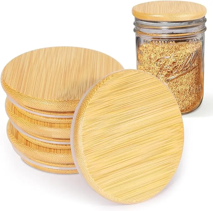 4 Pack Wide Mouth Bamboo Mason Jar Lids, Wooden Ball Jar Lids with Airtight Silicone Seal, Perfect for Dry food Storage.