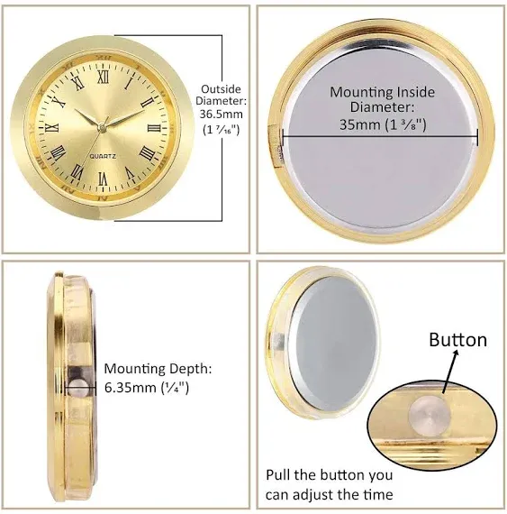 ShoppeWatch Mini Clock Insert Quartz Movement Round 1 7/16" (35mm) Miniature Clock Fit Up Gold Tone Dial and Bezel Roman Numerals CK085GD