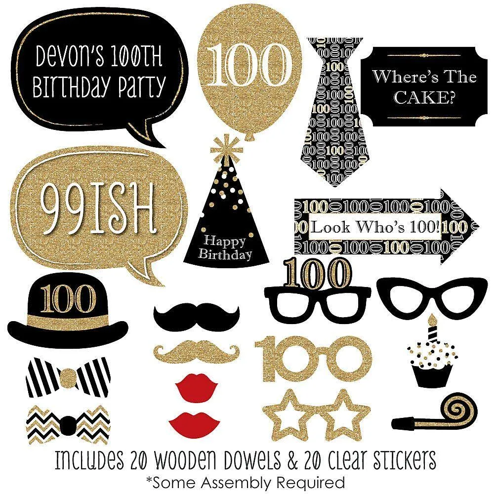 Adult 100th Birthday - Gold - Birthday Party Photo Booth Props Kit - 20 Count