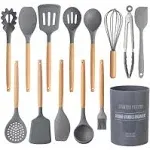 Silicone Cooking Utensils 14 Pc Kitchen Utensil Set Easy to Clean Wooden Kitc...