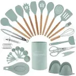 Country Kitchen Cooking Utensils Set - 38 Pcs Non-Stick Silicone Spatula Set with Holder, Wooden Handles and Heat Resistant Gadgets Utensil