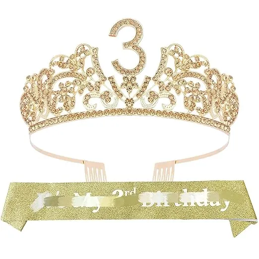 VeryMerryMakering Gold 3rd Birthday Sash and Tiara for Girls - Glitter Sash + Rhinestone Tiara with Flowers, Perfect Princess Party Gift