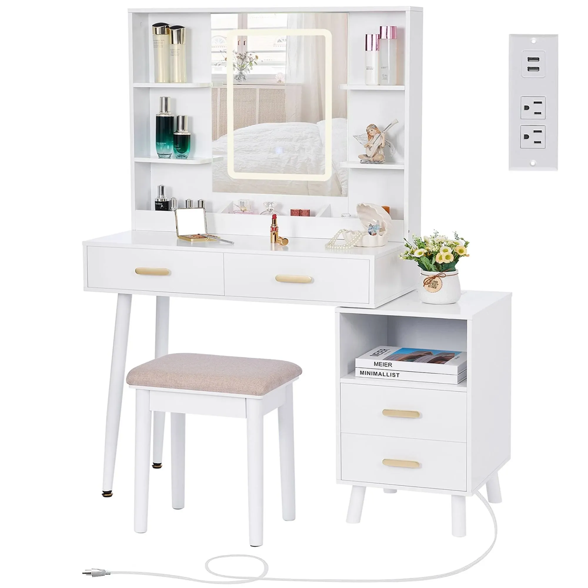 BEWISHOME Vanity Desk with Mirror and Lights, Makeup Vanity with Lights, White ...