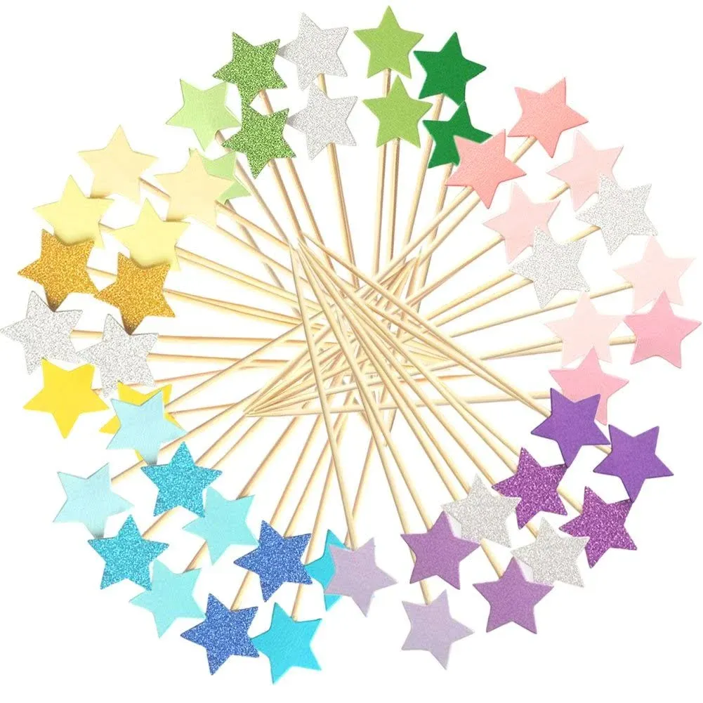 Winrase 50pcs Multicolor Stars Cupcake Toppers Mini Cake Toppers