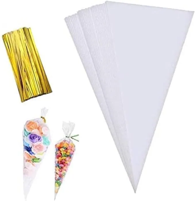 100 Pieces Popcorn Bags for Party Cone Shape Bags Transparent Cello Bags Sweet Clear Treat Bags with 100 Pieces Twist Ties, 9.8 x 5.1 Inch (Gold Twist Ties)