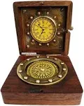 Marine Art Replicas Authentic Clock Compass in Rose Wood Box, Vintage Giftâ€