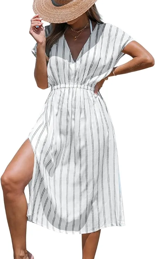 CUPSHE Women's Cover Up V Neck Midi Dress Short Sleeves Summer Beachwear Casual Coverups Striped XS-XXL