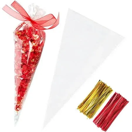 Large Cone Cellophane Bags7x15 Inches 200 PCS Plastic Popcorn Cone Bags for P...