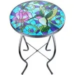 Small Mosaic Table - Round Glass Top Outdoor Accent Table - Peacock Color