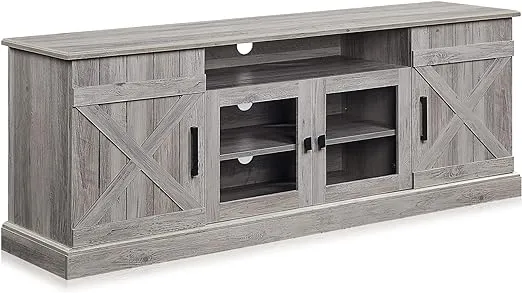 BELLEZE 65 Inch Modern Farmhouse Industrial Style Entertainment TV Stand for TVs Up to 70 Inches, Versatile Media Cabinet with Shelves and Storage - Veropeso (Gray Wash)