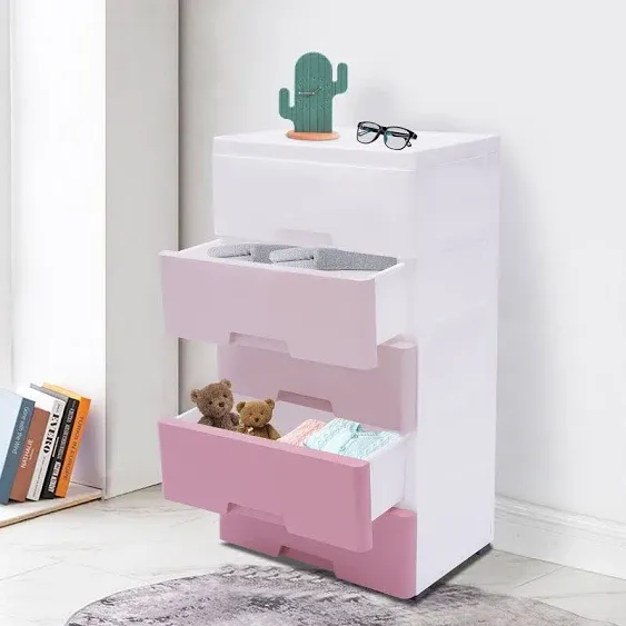 5 Drawers Storage Cabinet Plastic Modern Gradient Pink Organizer - 17.7*11.8*33in