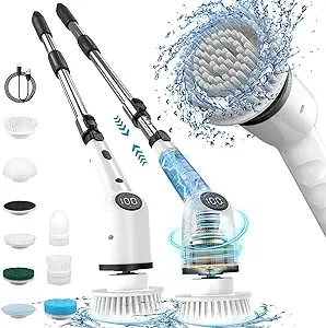 Electric Spin Scrubber,Cordless Cleaning Brush,9 in 1 Shower Scrubber with Replacement Brush Heads & Adjustable Extension Handle, Power Cleaning Brush