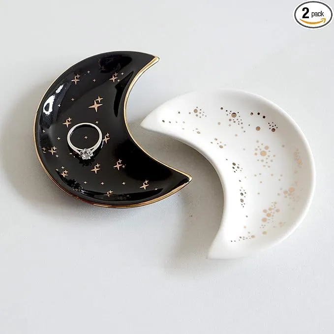 Small Moon Jewelry Dish Tray, Set of 2 Ceramic Trinket Dish (White and Black)