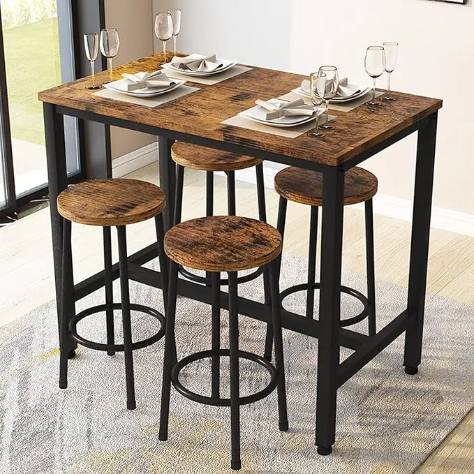 Lamerge Bar Table Set,Industrial Bar Table and Chairs Set,5 Pcs Dining Table Set Counter Height Pub Table with 4 Chairs, Wooden Breakfast Table Set