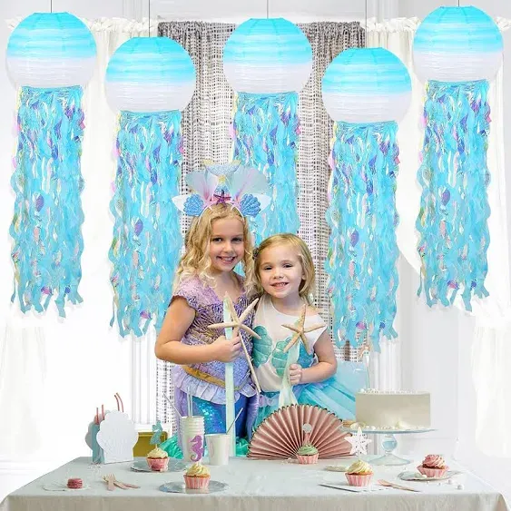 ADLKGG Hanging Jelly Fish Paper Lanterns, Gradient Colorful Paper Lanterns Blue