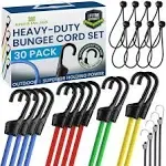 30 Pack - Premium Grade, Heavy-Duty Outdoor Bungee Cords with Hooks Assortment - Variety of Bungees (18, 24, 32 and 40 Inch, Color-Coded), Ball Bungees (Black, 10") and Mini Bungees (Black, 8")