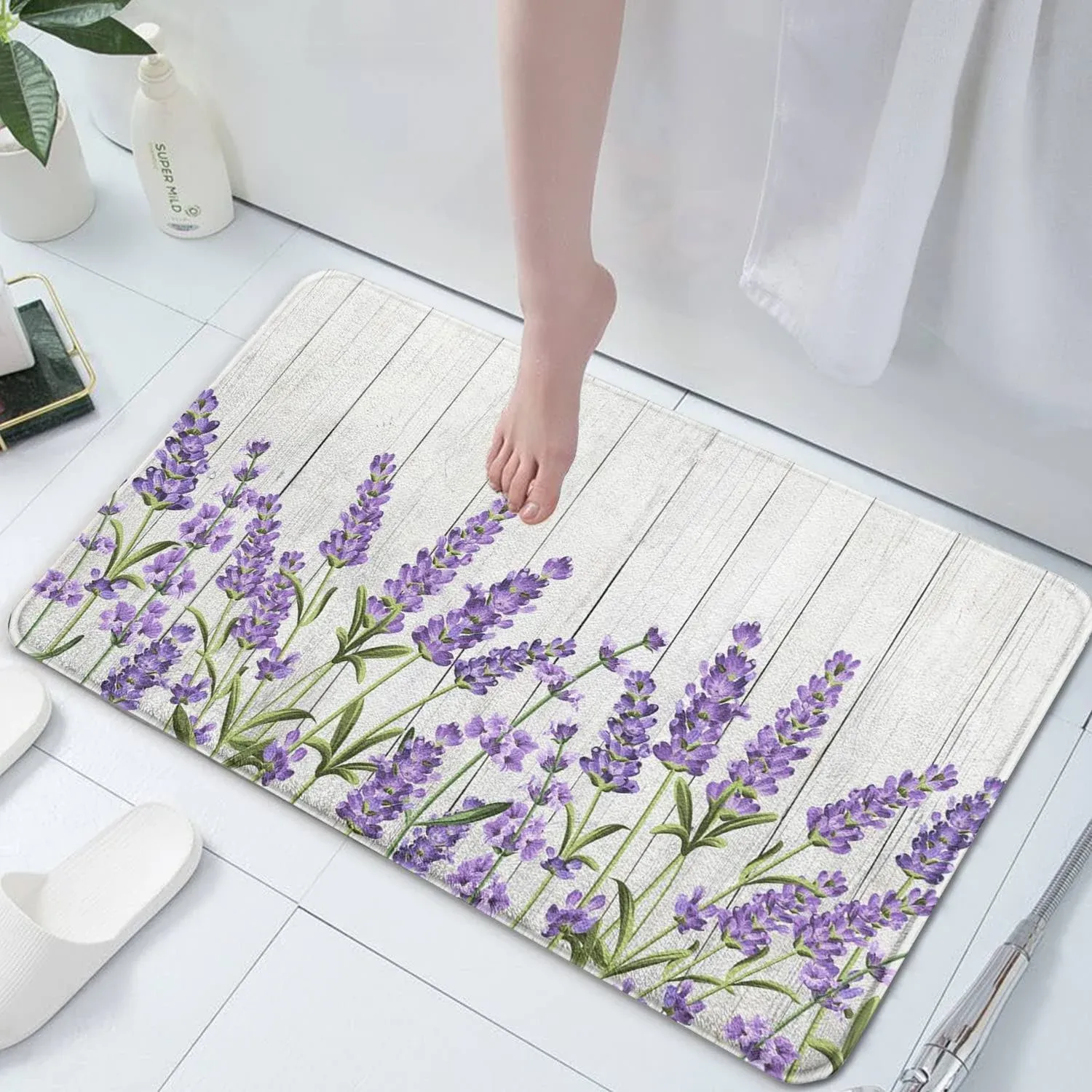 Noetuxi Purple Lavender Imitation Cashmere Bathroom Mat Rug -Rubber Non Slip Quick Dry Super Absorbent Thin Bathroom Rugs for Bathtub Shower Room Sink 17" L