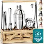 BARE BARREL® Mixology Bartender Kit Bar Set | Martini Cocktail Shaker Set | Barware Mixing Tools for Home Bartending | Farmhouse Rustic Portable Caddy & 35 Recipe Cards | Gift Set (Polished Gray)