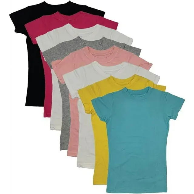 MISS POPULAR Girls' 8-Pack Super Soft Polycotton Short Sleeve Crew Neck T Shirts, Assorted Color Solid Tees