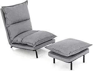 KOMFOTT Floor Lazy Sofa Chair with Ottoman, Modern Recliner Lounge Chair with 6-Level Adjustable Backrest