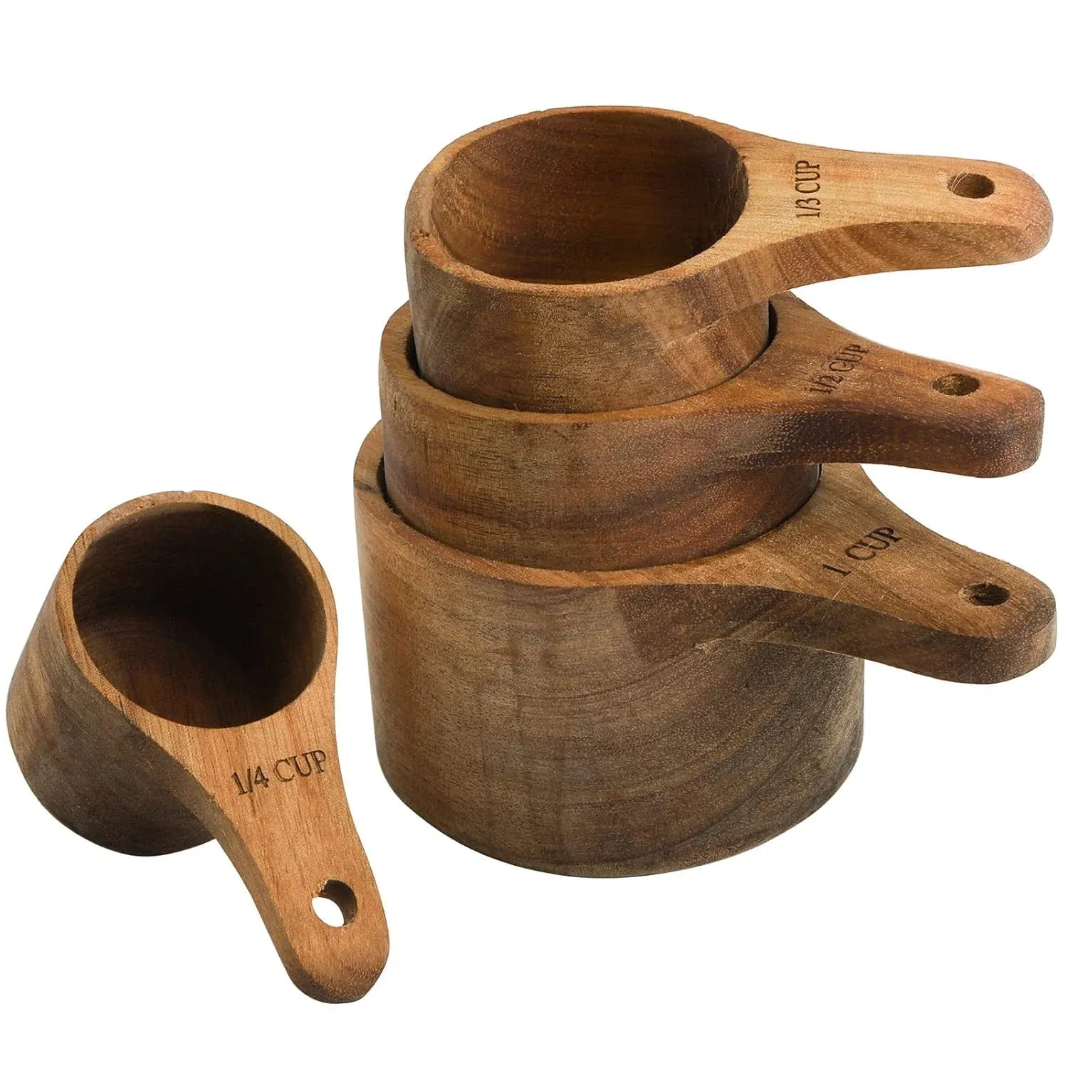 Lyellfe Set of 4 Acacia Wood Measuring Cups, Stackable Kitchen Measure Tool with Handle, Baking and Cooking Measuring Set, Handcrafted with Polish Finish, 4 Size